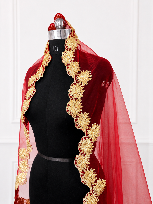 Meher Luxury Red Bridal Veil with Intricate Gold Embroidered Border | V1013 | Wedding Veil