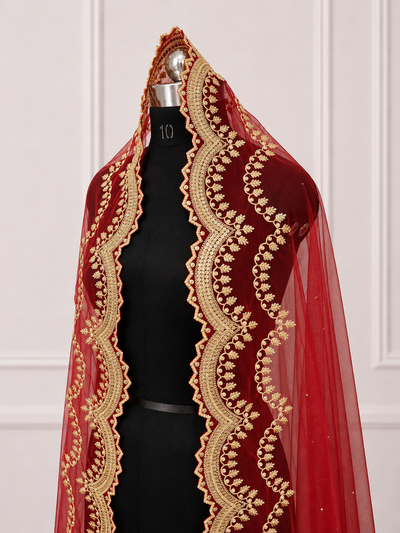 Vanya Red Bridal Veil with Signature Embroidered Border | V1021 | Wedding Veil