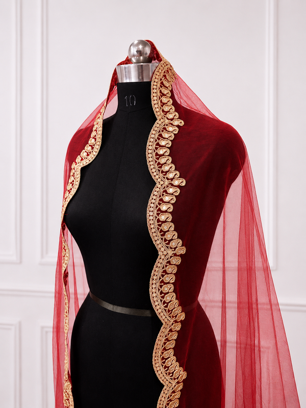 Camellia Red Bridal Veil with Embroidered Border | V1031 | Wedding Veil