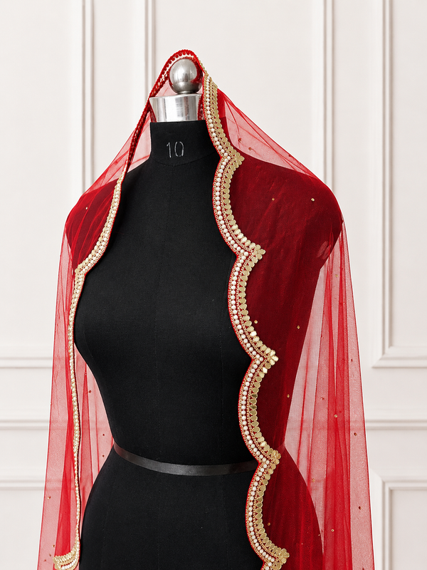 Lucille Red Bridal Veil with premium Embroidery | V1065 | Wedding Veil