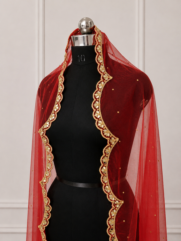 Rajnandini Red Bridal Veil with Mirror Embroidery | V1040 | Wedding Veil