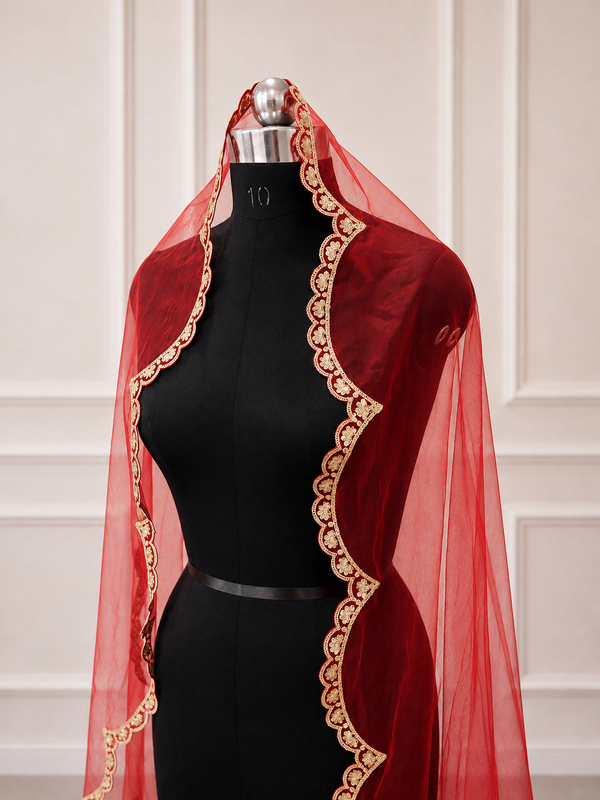 Liana Red Bridal Veil with premium Embroidery | V1058 | Wedding Veil