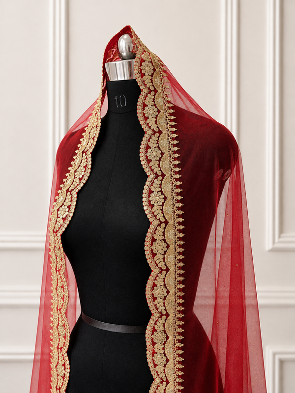 Amelia Red Bridal Veil with premium Embroidery | V1054 | Wedding Veil