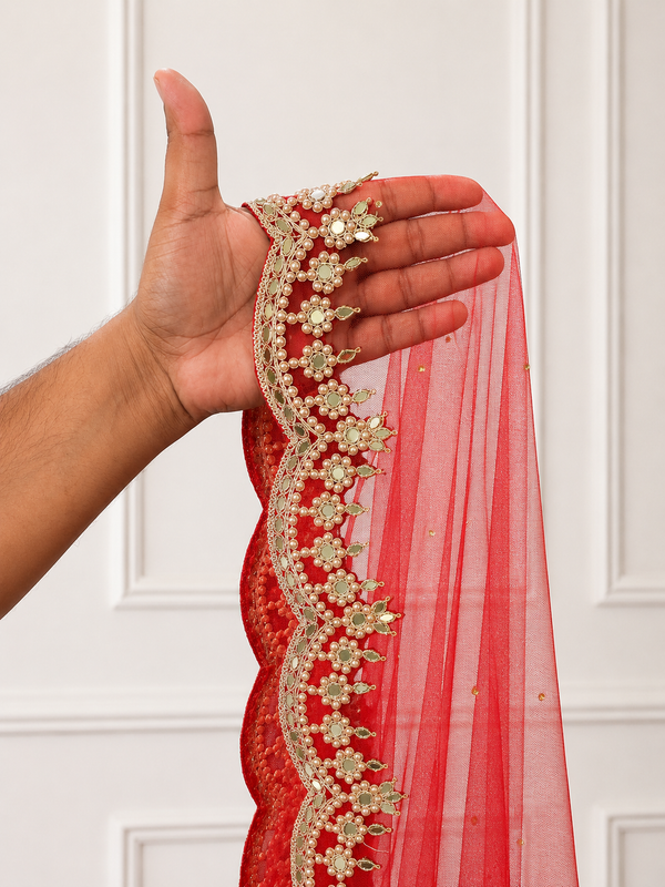 Helena Red Bridal Veil with Premium Embroidery by KYMA India