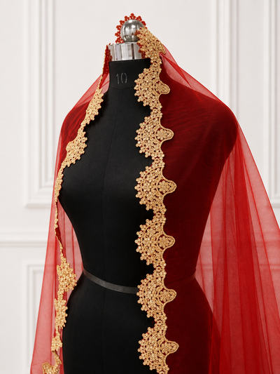 Aaradhya Luxury Red Bridal Veil with Floral Embroidered Border | KYMA India| V1008 | Wedding Veil