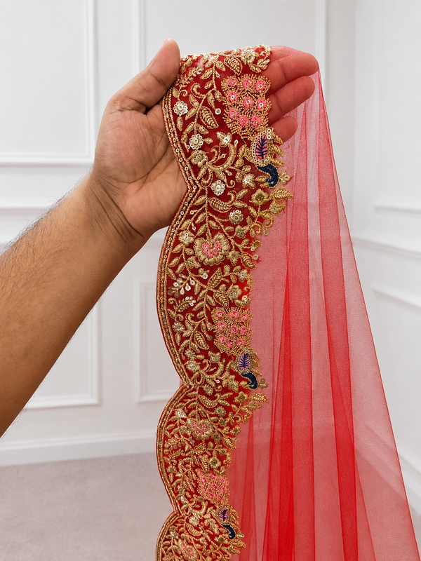 Juliana Red Bridal Veil with premium Embroidery | V1063 | Wedding Veil