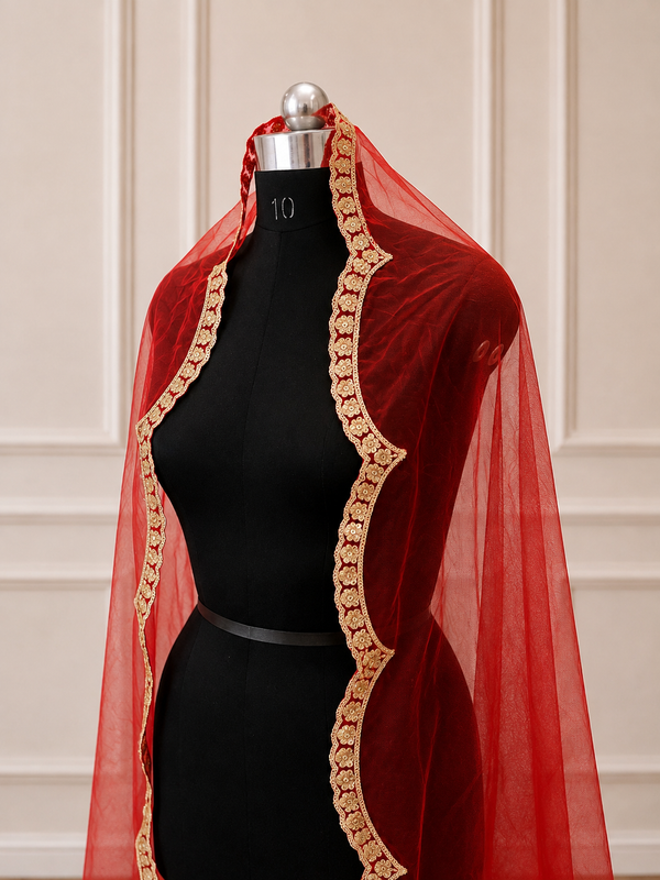 Eleanor Red Bridal Veil with premium Embroidery | V1056 | Wedding Veil