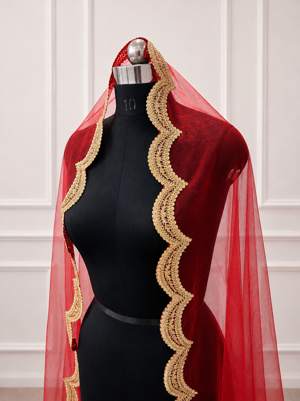 Lilia Red Bridal Veil with premium Embroidery | V1059 | Wedding Veil