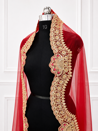 Nirupama Luxury Red Bridal Veil with Royal Embroidered Border| V1007 | Wedding Veil