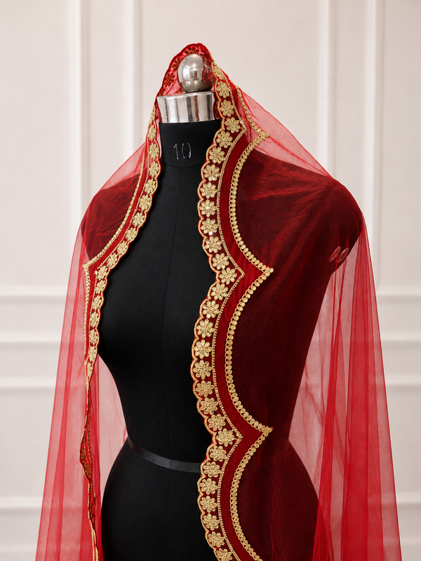 Valentina Red Bridal Veil with premium Embroidery | V1050 | Wedding Veil