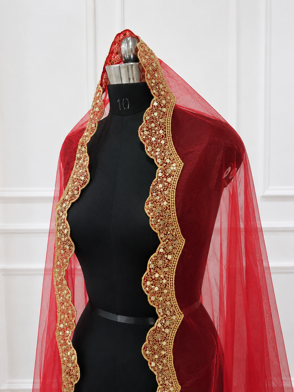 Gulmohar Red Bridal Veil with premium Embroidery | V1042 | Wedding Veil