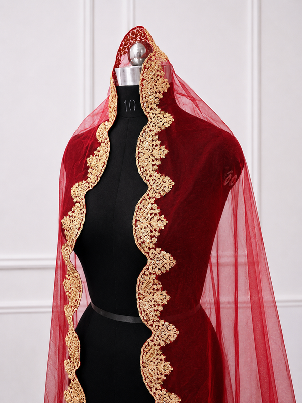 Anvaya Red Bridal Veil with Heritage Gold Embroidered Border | V1032 | Wedding Veil