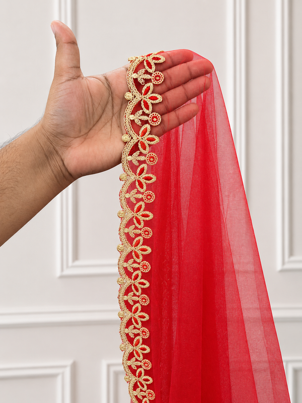Florabelle Red Bridal Veil with premium Embroidery | V1061 | Wedding Veil
