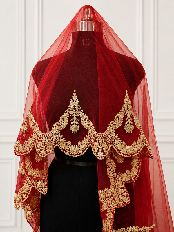 Astera Red Bridal Veil with Signature Embroidered Border | V1028 | Wedding Veil