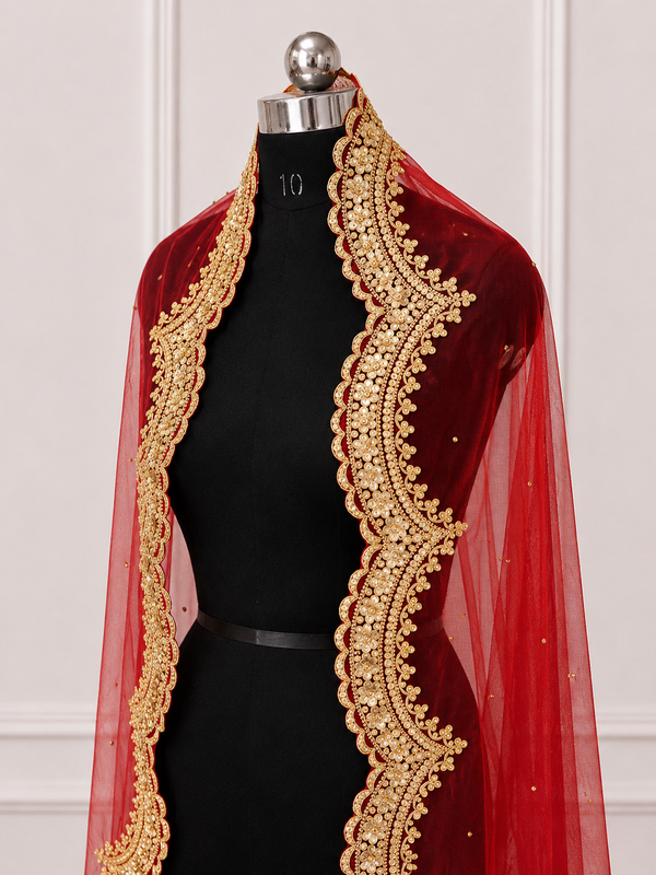 Anvika Red Bridal Veil with Hand Embroidered Border| V1019 | Wedding Veil