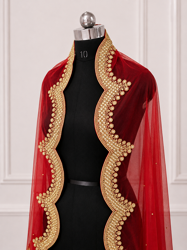 Aarya Red Bridal Veil with Elegant Embroidered Border | V1018 | Wedding Veil