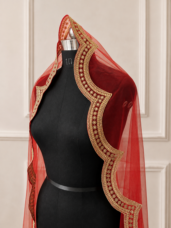 Scarlett Red Bridal Veil with premium Embroidery | V1053 | Wedding Veil