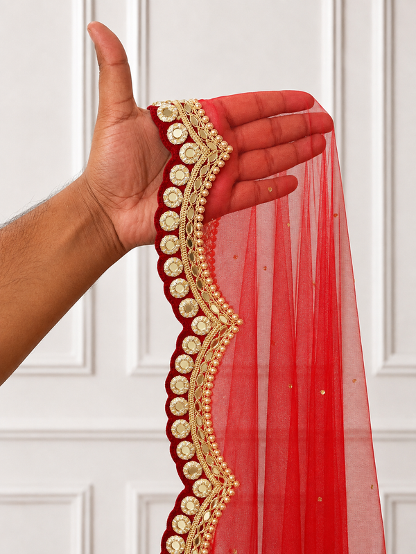 Serena Red Bridal Veil with premium Embroidery | V1052 | Wedding Veil