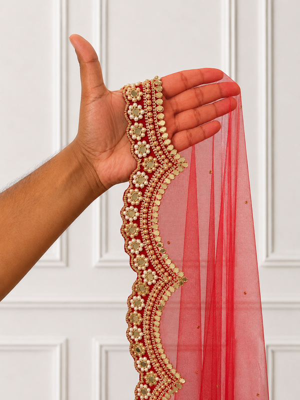 Riwaayat Red Bridal Veil with premium Embroidery | V1044 | Wedding Veil