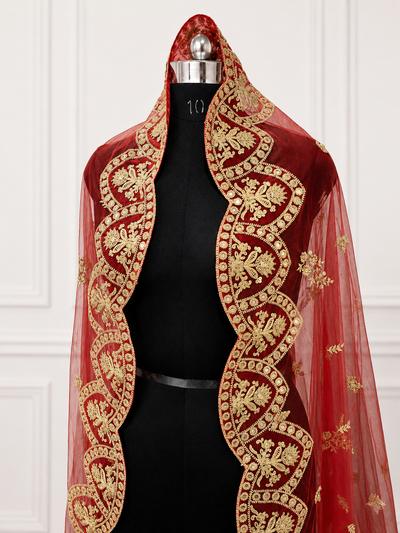 Heer Luxury Red Bridal Veil with Royal Gold Embroidered Border | V1016 | Wedding Veil
