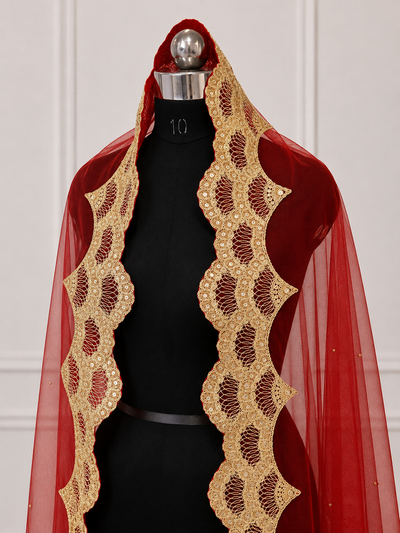 Evara Red Bridal Veil with scallop Embroidered Border | V1029 | Wedding Veil