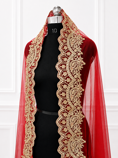 Aarna Red Bridal Veil with Luxury Embroidered Border | V1026 | Wedding Veil