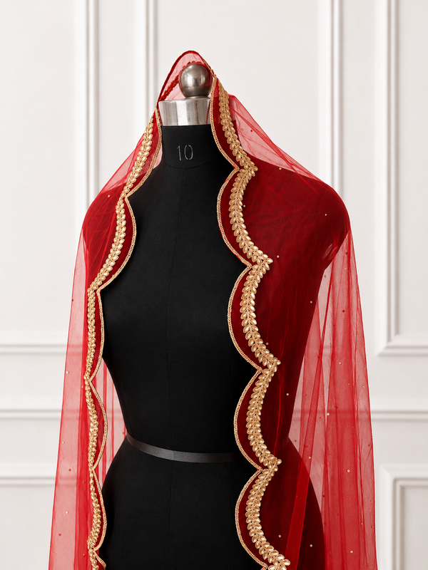 Clara Red Bridal Veil with premium Embroidery | V1051 | Wedding Veil