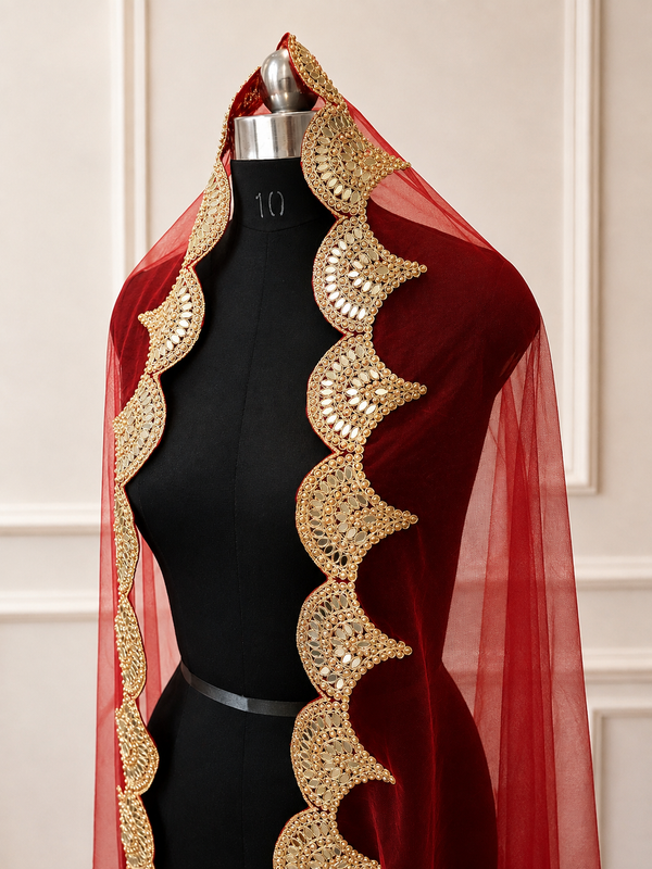 Roselyn Red Bridal Veil with premium Embroidery | V1048 | Wedding Veil