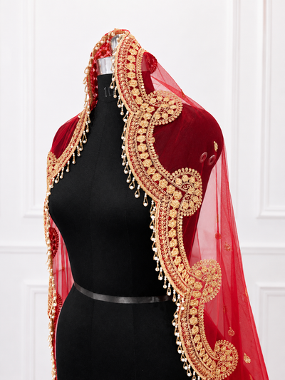Rajlaxmi Luxury Red Bridal Veil with Pearl Embroidered Border | V1009 | Wedding Veil