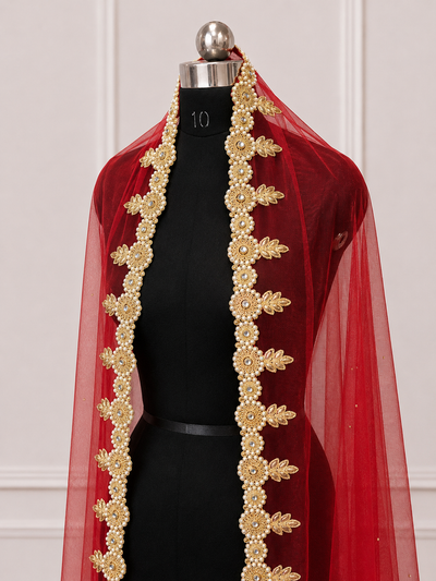 Zariyah Red Bridal Veil with Hand Embroidery & Mirror Stone Work | V1037 | Wedding Veil