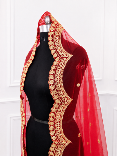 Noor Luxury Red Bridal Veil with Regal Gold Embroidery | V1011 | Wedding Veil