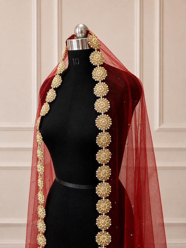 Juliette Red Bridal Veil with premium Embroidery | V1055 | Wedding Veil