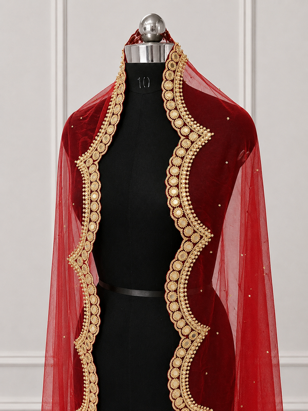 Elara Red Bridal Veil with Embroidery & Mirror Stone Work | V1038 | Wedding Veil