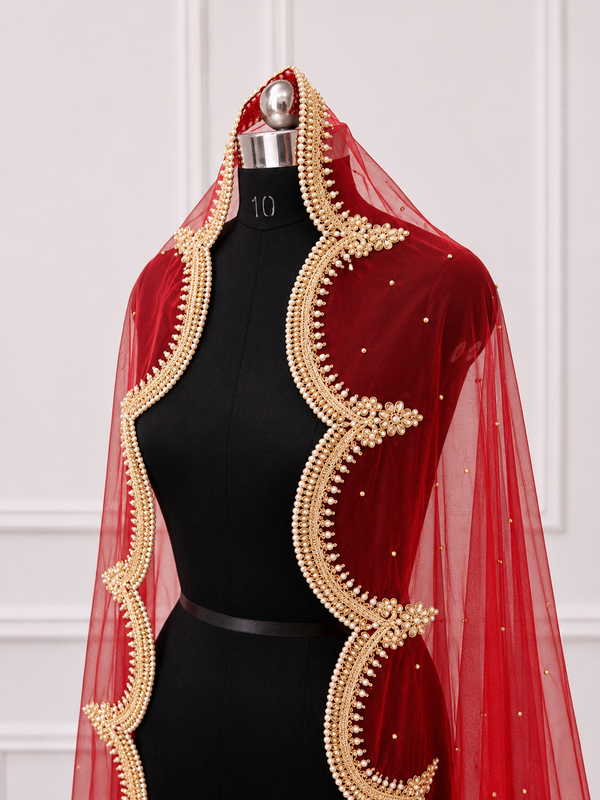 Royal Red Bridal Veil with Exquisite Hand Embroidered Border| V1034 | Wedding Veil
