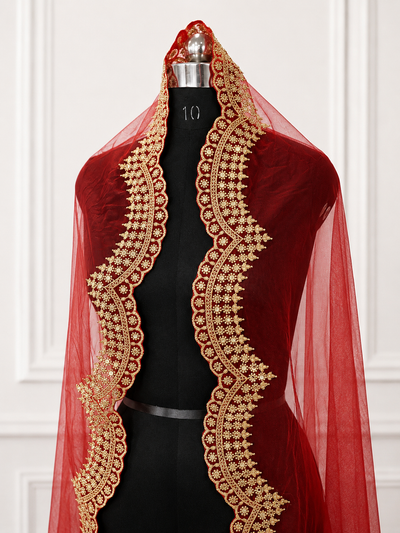 Chandrika Luxury Red Bridal Veil with Scallop Embroidered Border | V1006 | Wedding Veil