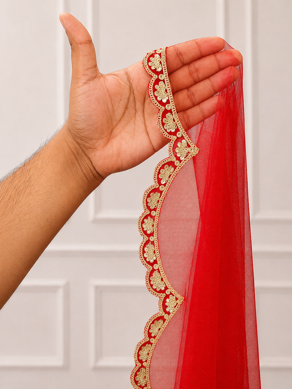 Liana Red Bridal Veil with premium Embroidery | V1058 | Wedding Veil