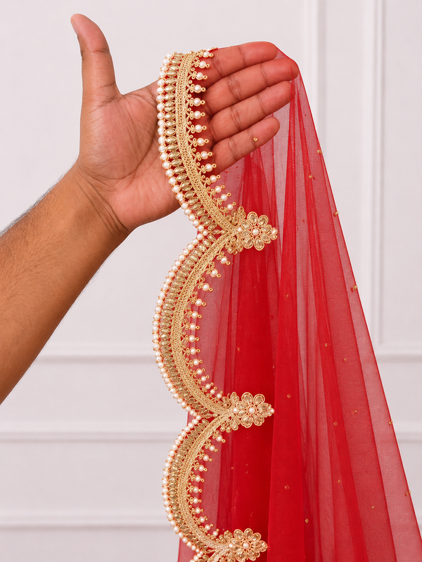 Royal Red Bridal Veil with Exquisite Hand Embroidered Border| V1034 | Wedding Veil