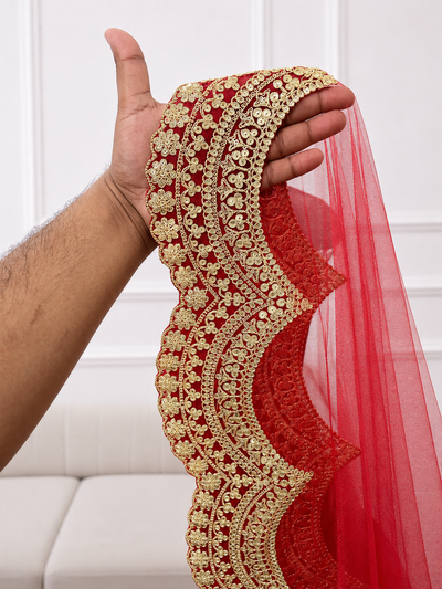 Rajsi Luxury Red Bridal Veil with Royal Gold Embroidered Border | KYMA India | V1010 | Wedding Veil