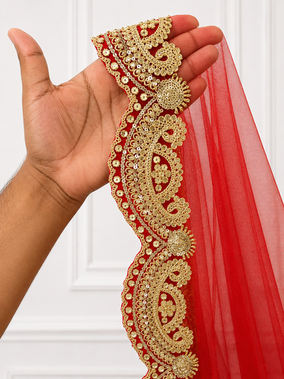 Aurelia Red Bridal Veil with Hand Embroidered Border | V1017 | Wedding Veil