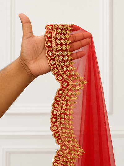 Chandrika Luxury Red Bridal Veil with Scallop Embroidered Border | V1006 | Wedding Veil