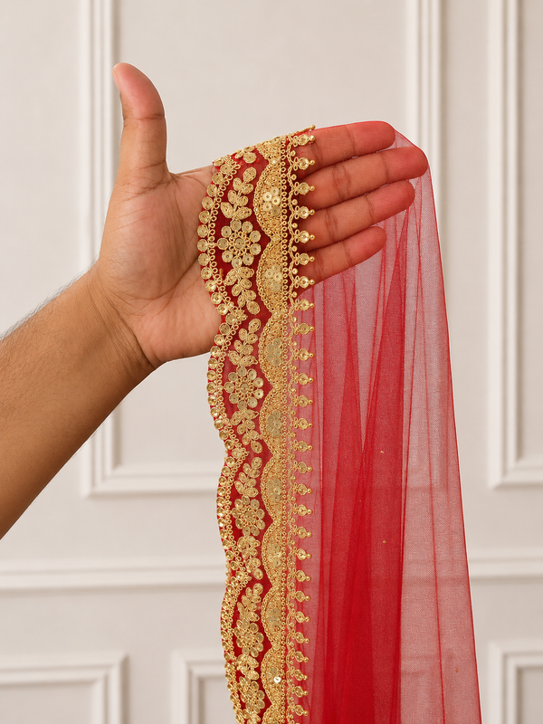 Amelia Red Bridal Veil with premium Embroidery | V1054 | Wedding Veil