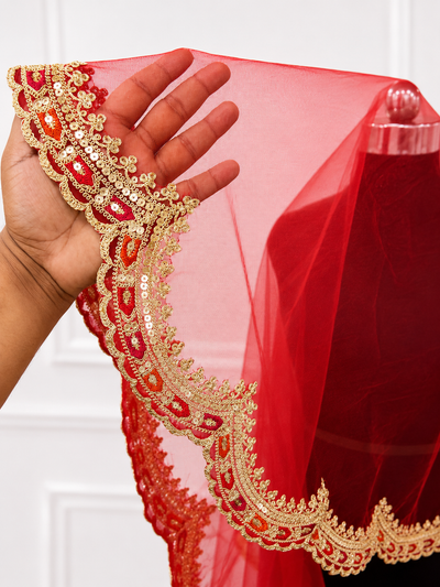 Shahi Noor Luxury Red Bridal Veil with Regal Zari Embroidered Border | KYMA India | V1015 | Wedding Veil