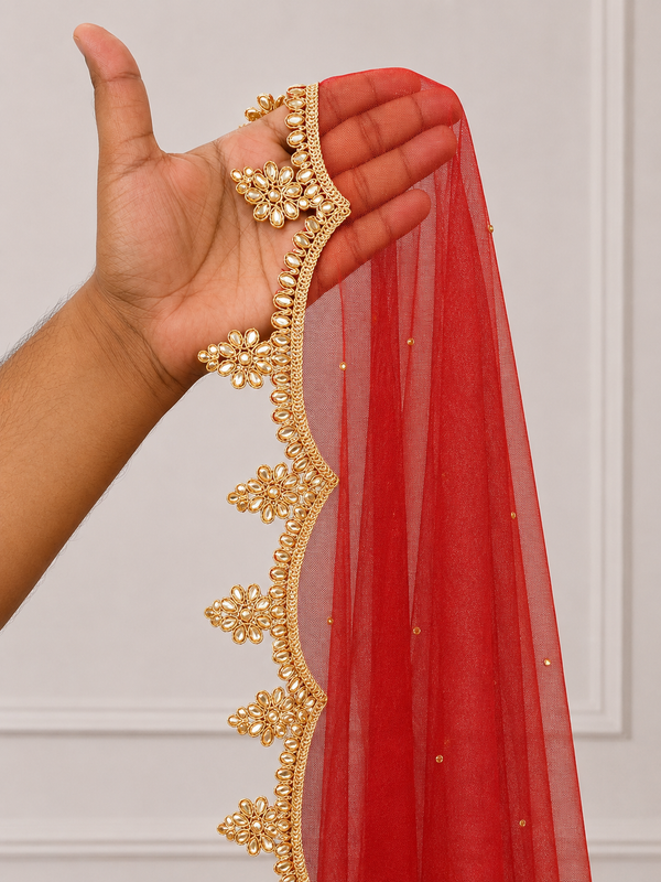Zara Red Bridal Veil with Beads Embroidery | V1041 | Wedding Veil