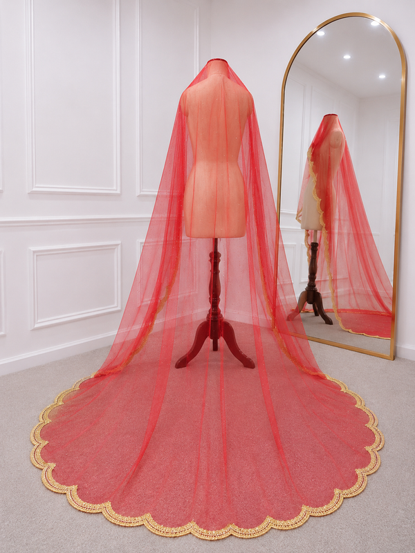 Lucille Red Bridal Veil with premium Embroidery | V1065 | Wedding Veil