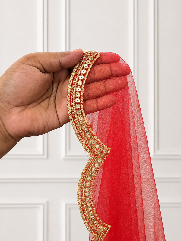 Saanjh Red Bridal Veil with premium Embroidery | V1045 | Wedding Veil