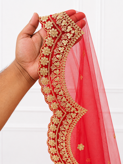 Noor Luxury Red Bridal Veil with Regal Gold Embroidery | V1011 | Wedding Veil