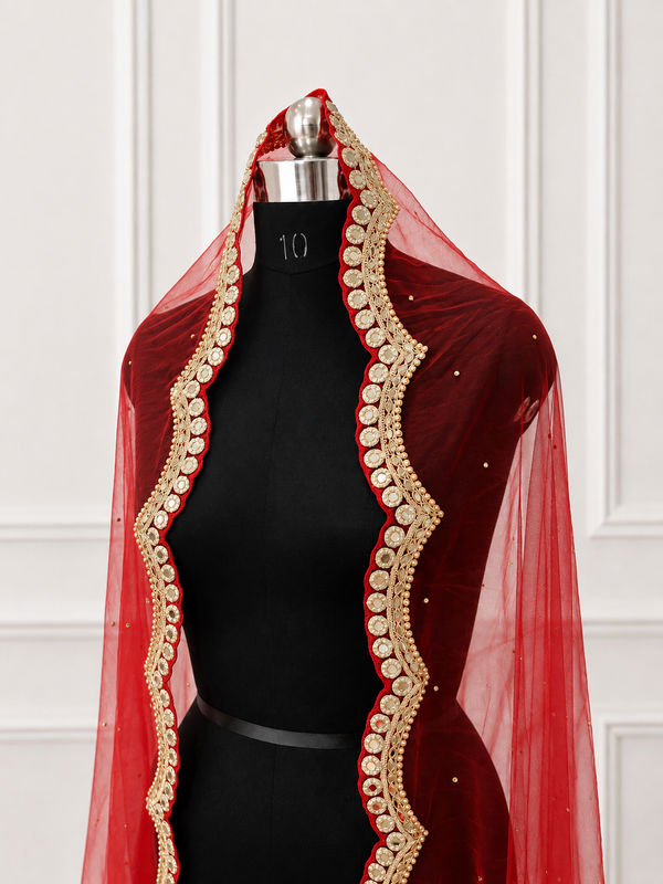 Serena Red Bridal Veil with premium Embroidery | V1052 | Wedding Veil