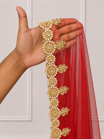 Zariyah Red Bridal Veil with Hand Embroidery & Mirror Stone Work | V1037 | Wedding Veil
