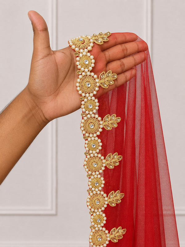 Zariyah Red Bridal Veil with Hand Embroidery & Mirror Stone Work | V1037 | Wedding Veil