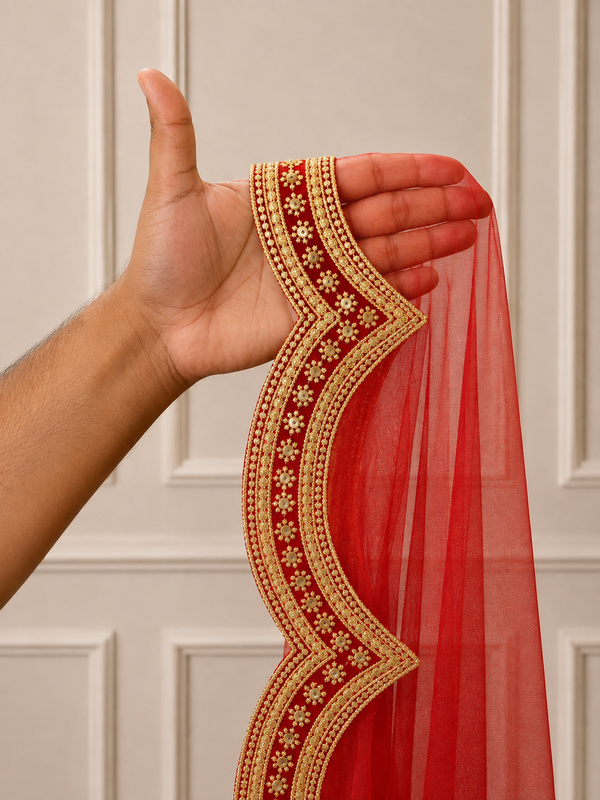 Scarlett Red Bridal Veil with premium Embroidery | V1053 | Wedding Veil